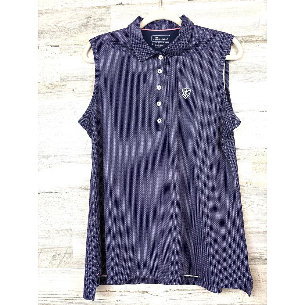Peter Millar Womens L Blue Pink Crown Sport Sleeveless Golf Polo Shirt Top